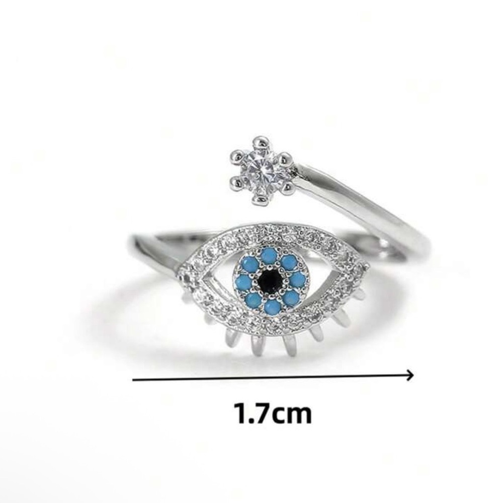 14k Silver Evil Eye Ring with Rhinestones Adjustable Ring - Picture 6 of 6